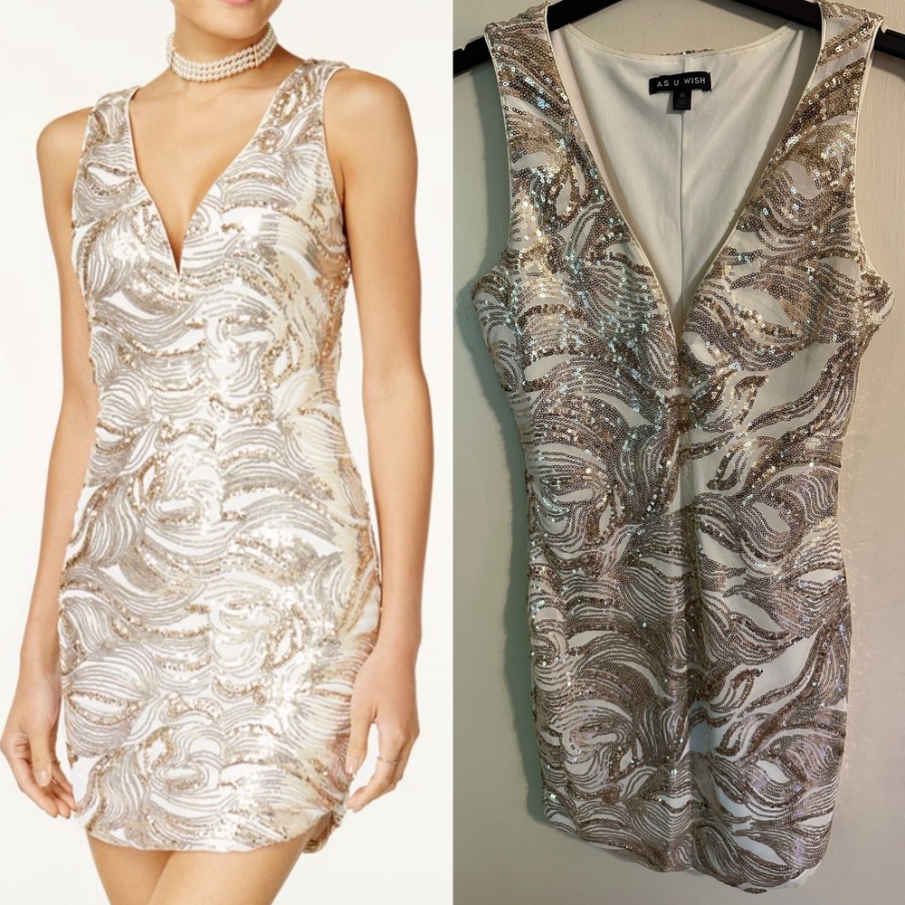 AS U Wish Ivory & Gold Sequin Dress‎ Sleeveless V Neck Party Cocktail Medium